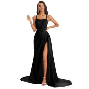 NWT Chicsew Sexy Soft Satin Side Slit Spaghetti Straps Maxi Bridesmaid Dress 14